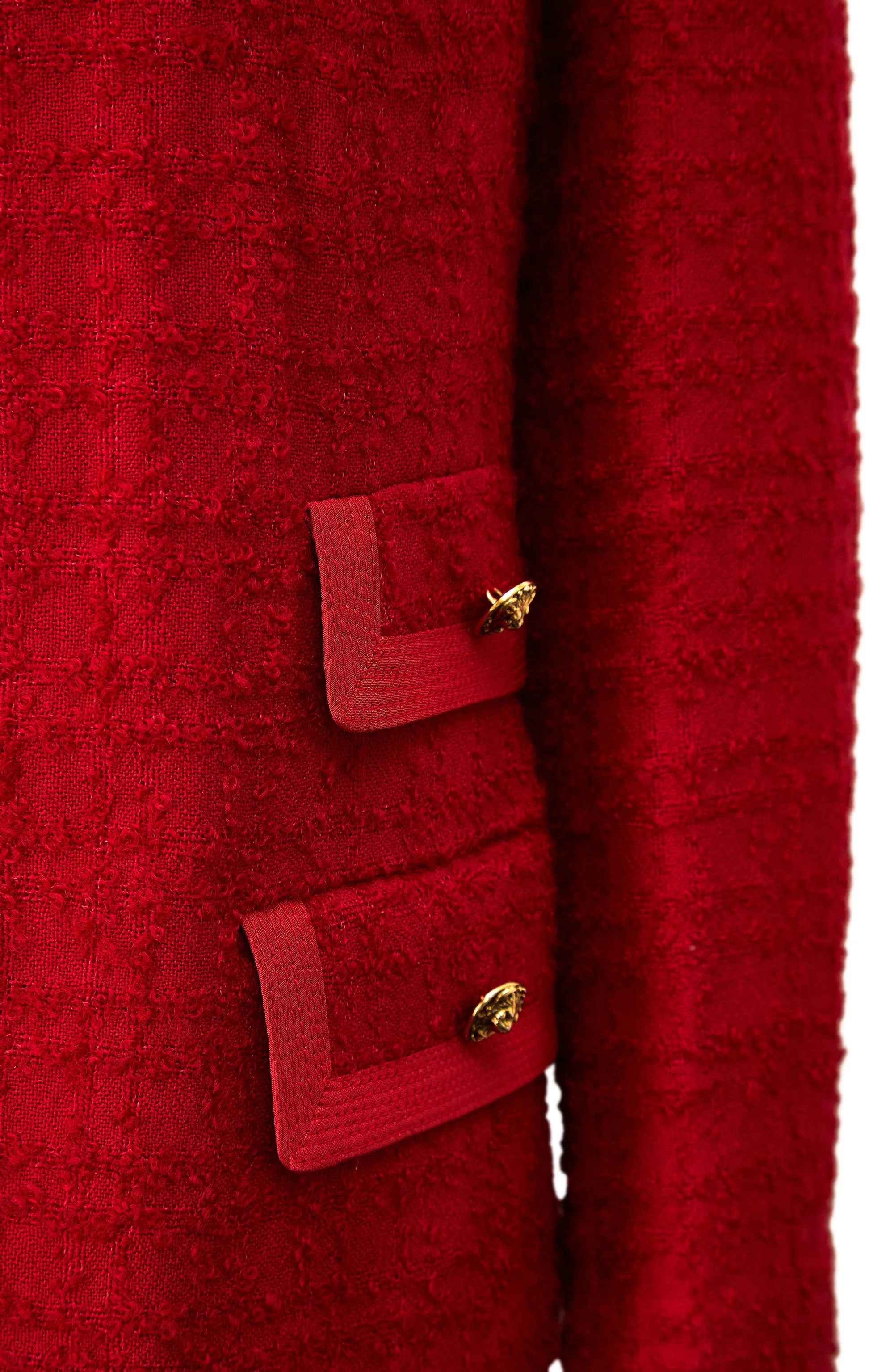 1960s Red Boucle Wool Tweed and Lion Button Jacket