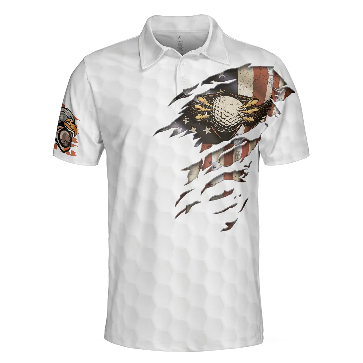 American Golfer Eagle Golf Ball Texture Polo Shirt, Ripped American Flag Polo Shirt, Patriotic Golf Shirt For Men