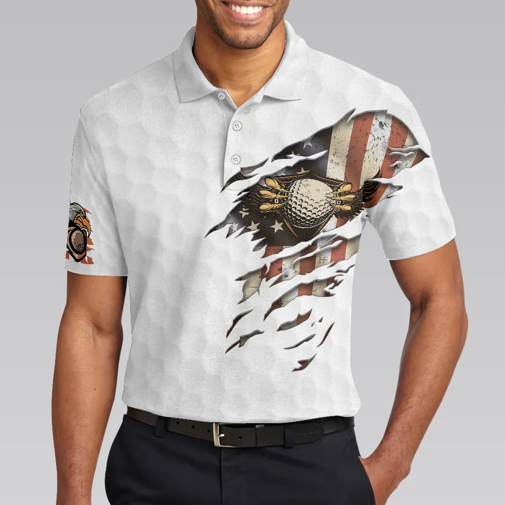 American Golfer Eagle Golf Ball Texture Polo Shirt, Ripped American Flag Polo Shirt, Patriotic Golf Shirt For Men
