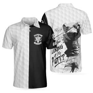 Black & White Are You Looking At My Putt Golf Polo Shirt, Black And Golf Pattern Polo Shirt, Sarcastic Golf Shirt For Men