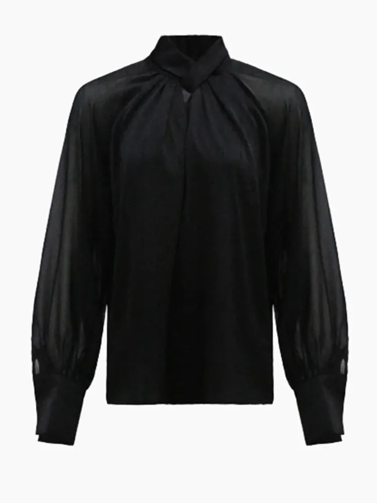 Black Blouses For Women Stand Collar Loose Long Sleeve Cut Out Casual Solid Pullovers Female Fall Fashion Clothing