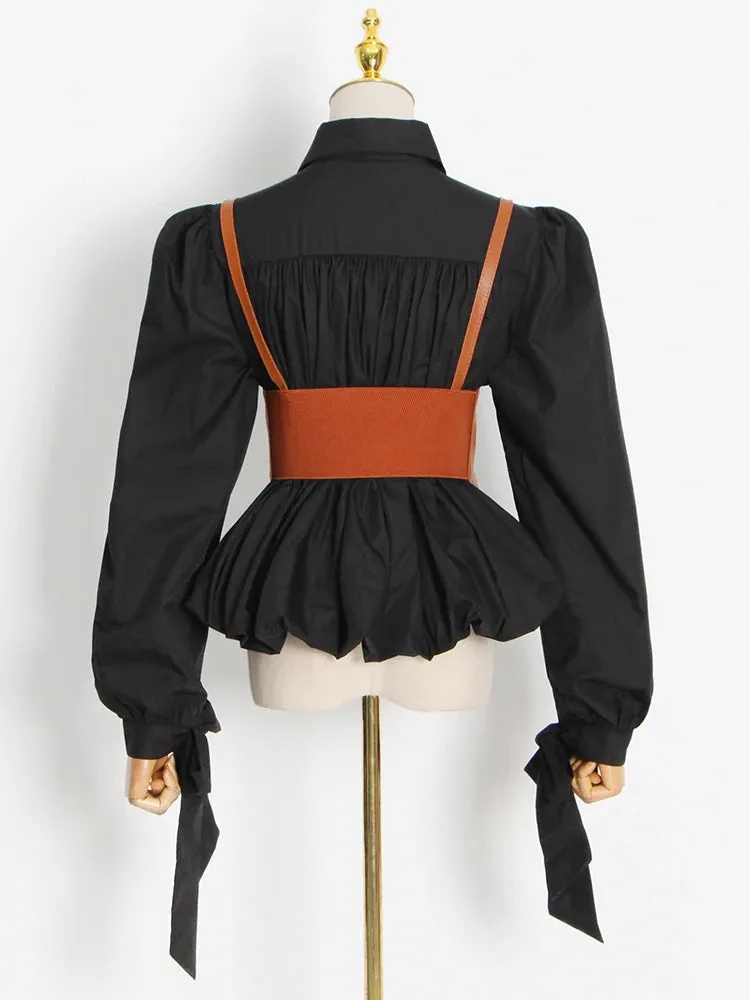 Black Casual Shirt For Women Lapel Collar Long Sleeve Patchwork Sashes Fold Pleated Shirts Female Spring Style