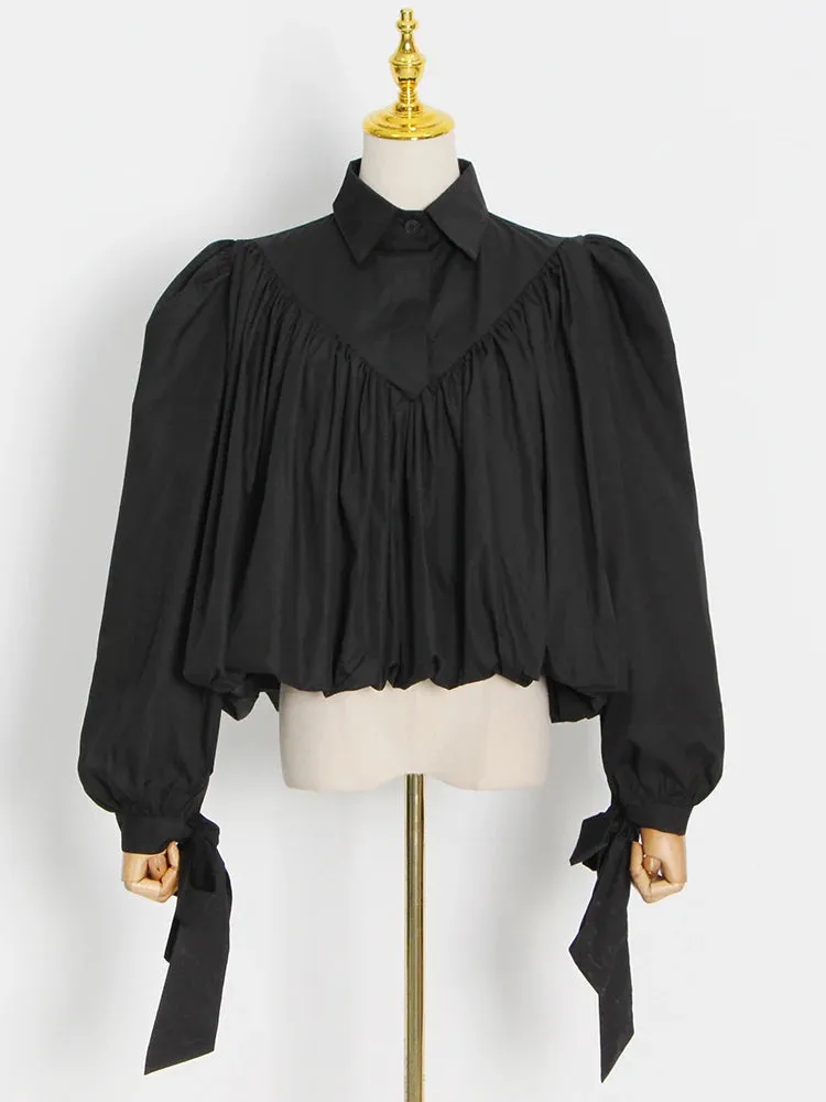 Black Casual Shirt For Women Lapel Collar Long Sleeve Patchwork Sashes Fold Pleated Shirts Female Spring Style