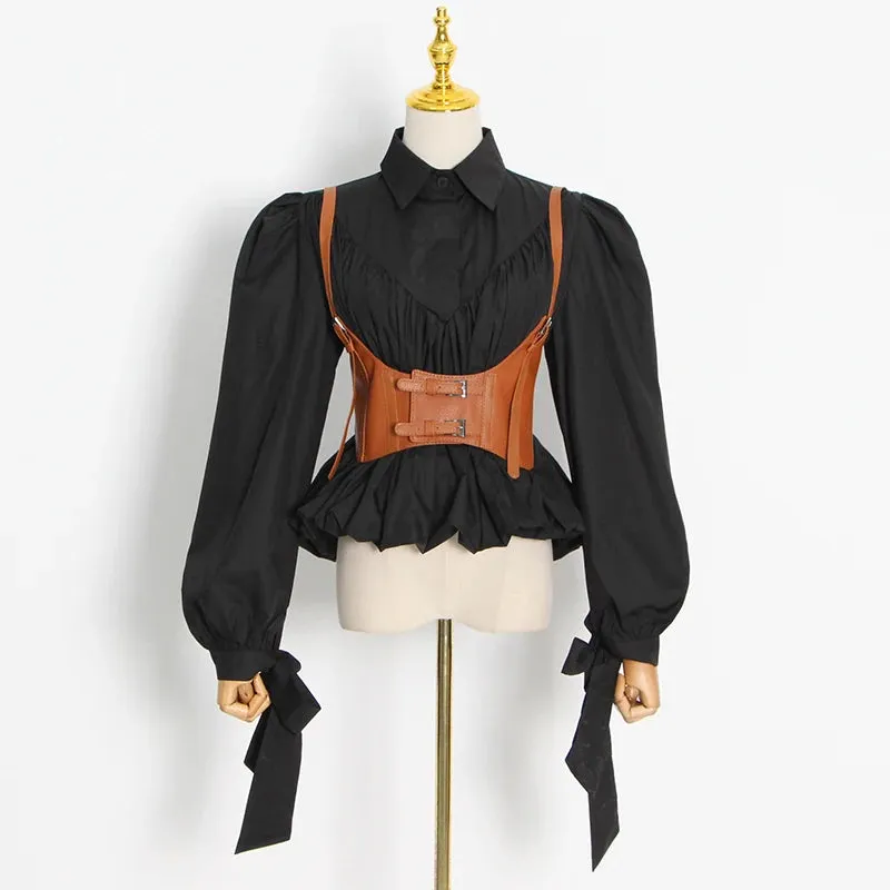 Black Casual Shirt For Women Lapel Collar Long Sleeve Patchwork Sashes Fold Pleated Shirts Female Spring Style