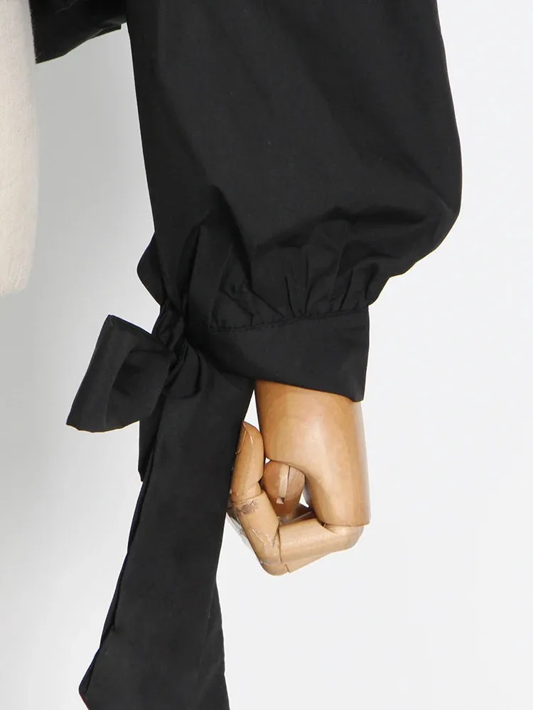 Black Casual Shirt For Women Lapel Collar Long Sleeve Patchwork Sashes Fold Pleated Shirts Female Spring Style