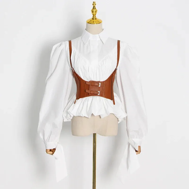 Black Casual Shirt For Women Lapel Collar Long Sleeve Patchwork Sashes Fold Pleated Shirts Female Spring Style