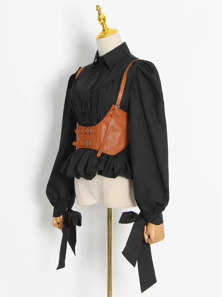 Black Casual Shirt For Women Lapel Collar Long Sleeve Patchwork Sashes Fold Pleated Shirts Female Spring Style