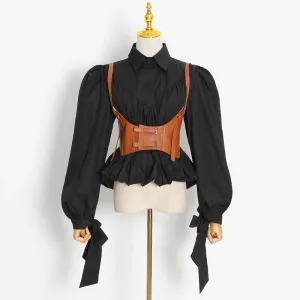 Black Casual Shirt For Women Lapel Collar Long Sleeve Patchwork Sashes Fold Pleated Shirts Female Spring Style