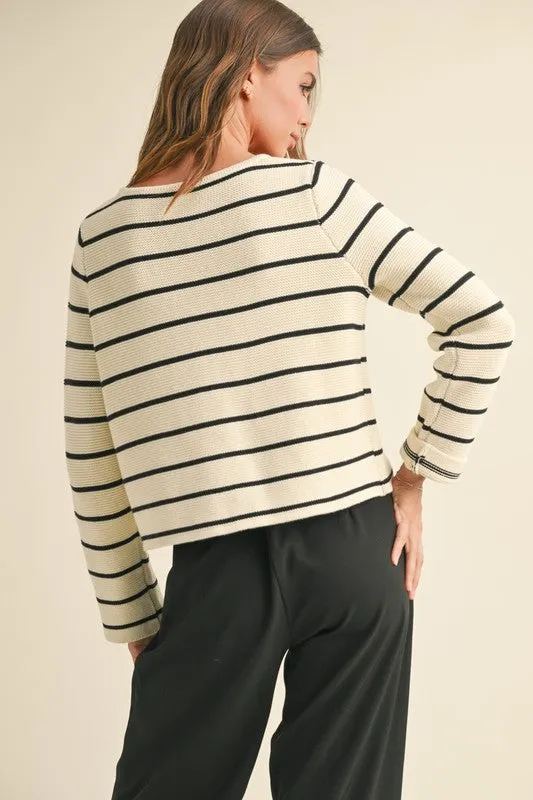 Brisa Long Sleeve Bow Tie Stripe Print Cardigan Sweater White