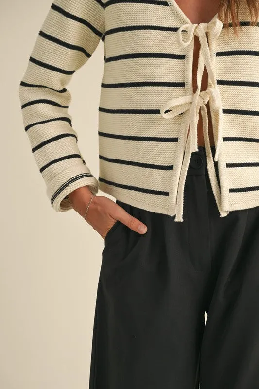 Brisa Long Sleeve Bow Tie Stripe Print Cardigan Sweater White