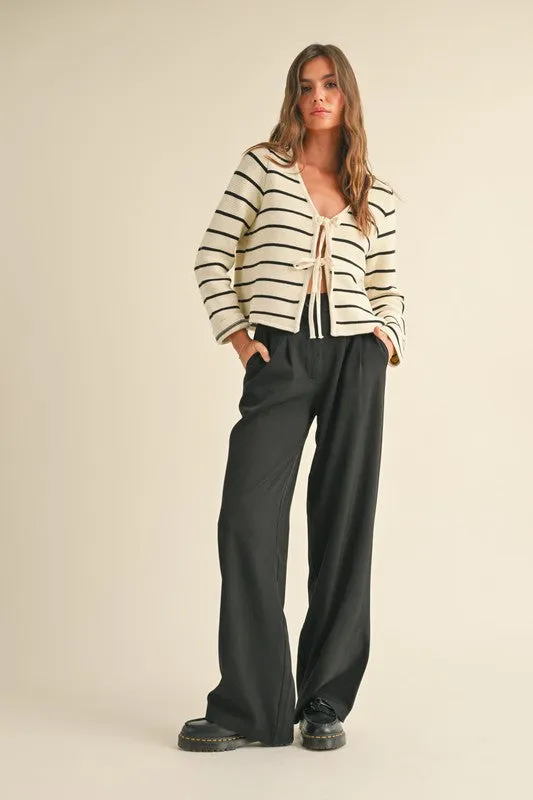 Brisa Long Sleeve Bow Tie Stripe Print Cardigan Sweater White