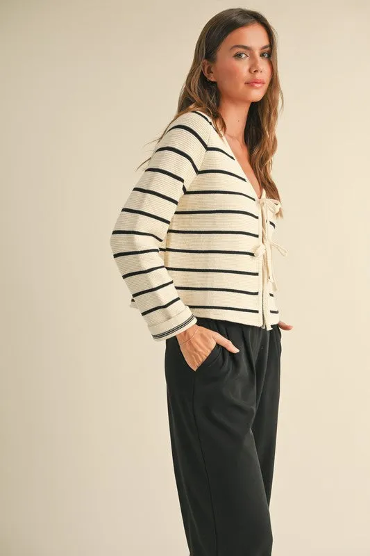 Brisa Long Sleeve Bow Tie Stripe Print Cardigan Sweater White