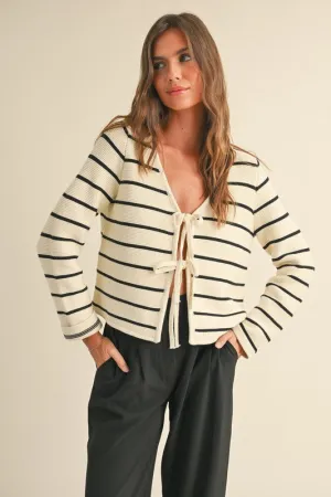 Brisa Long Sleeve Bow Tie Stripe Print Cardigan Sweater White