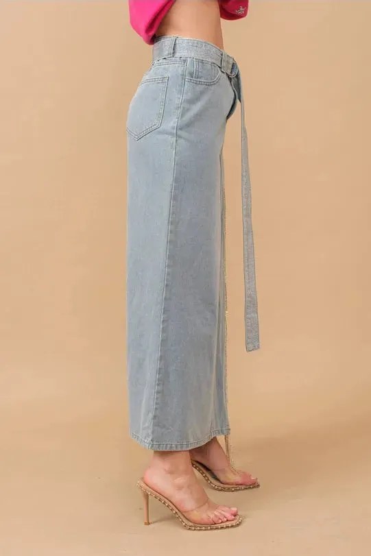 Cut Out Belted Rhinestone Fringe Maxi Denim Skirt