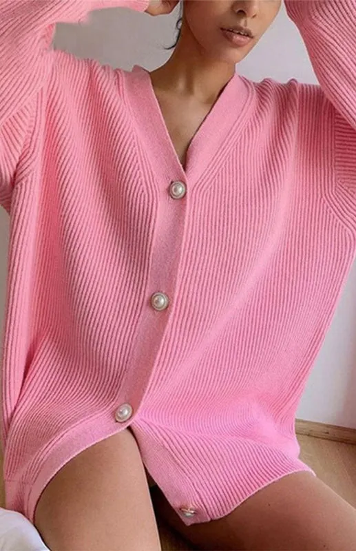 Darlene Candy Color Casual Loose Knit Button Cardigan