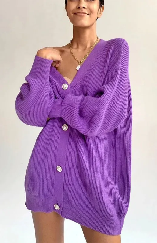 Darlene Candy Color Casual Loose Knit Button Cardigan
