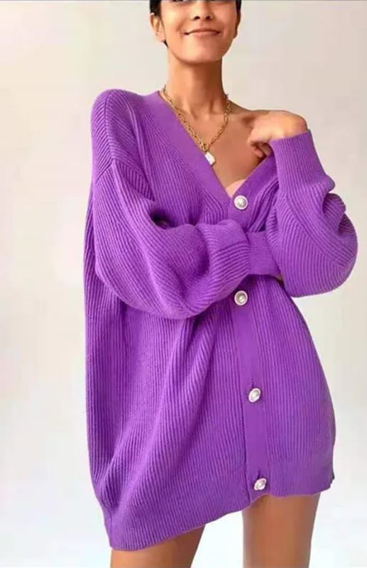 Darlene Candy Color Casual Loose Knit Button Cardigan
