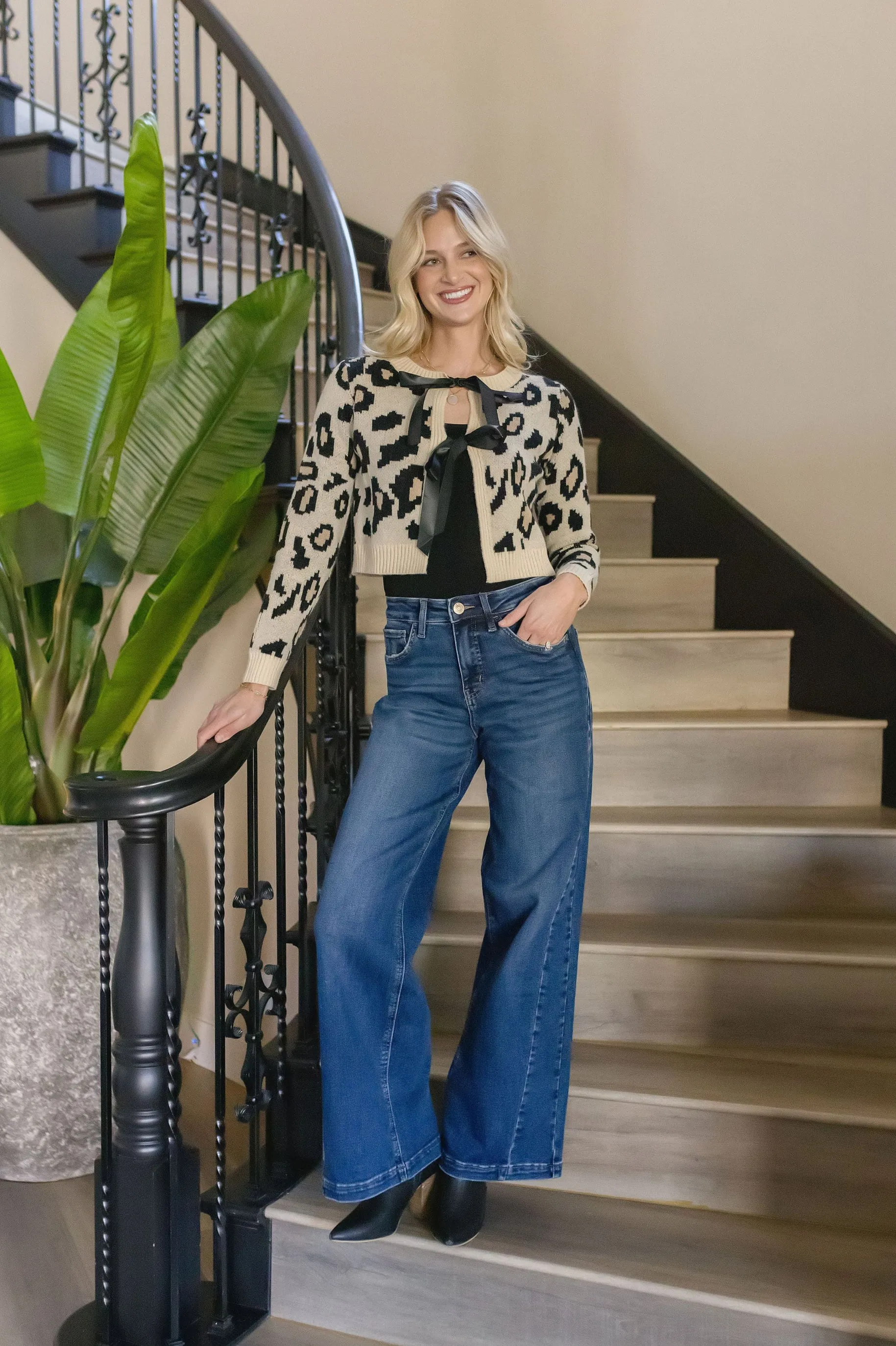 Erin Long Sleeve Bow Tie Leopard Print Cardigan Taupe