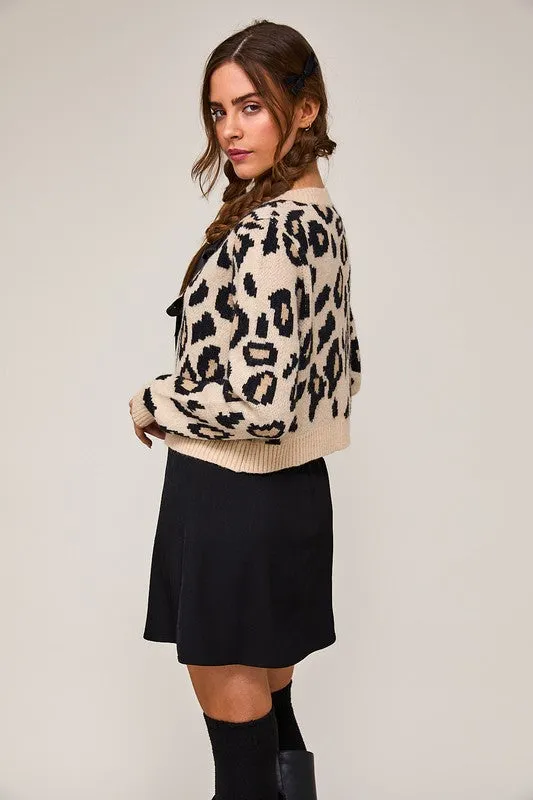 Erin Long Sleeve Bow Tie Leopard Print Cardigan Taupe