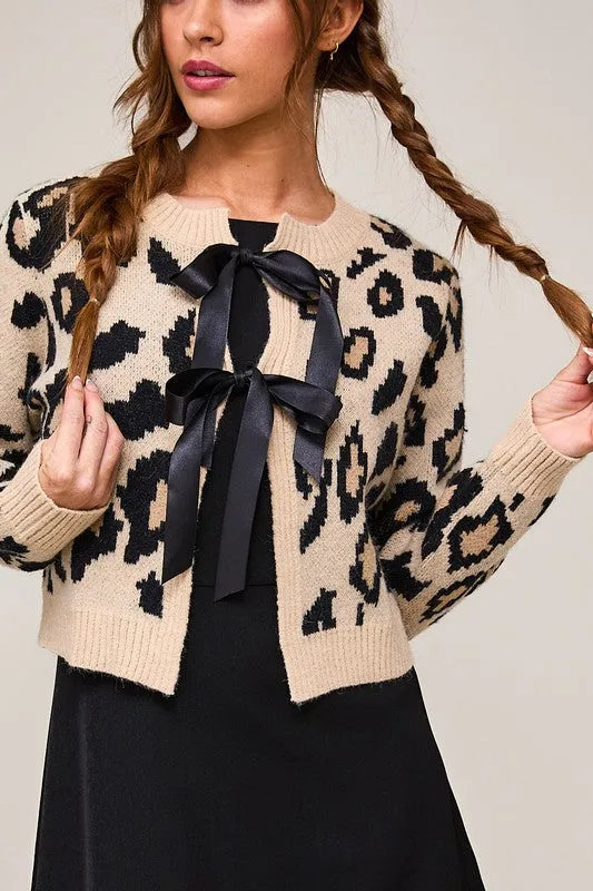 Erin Long Sleeve Bow Tie Leopard Print Cardigan Taupe