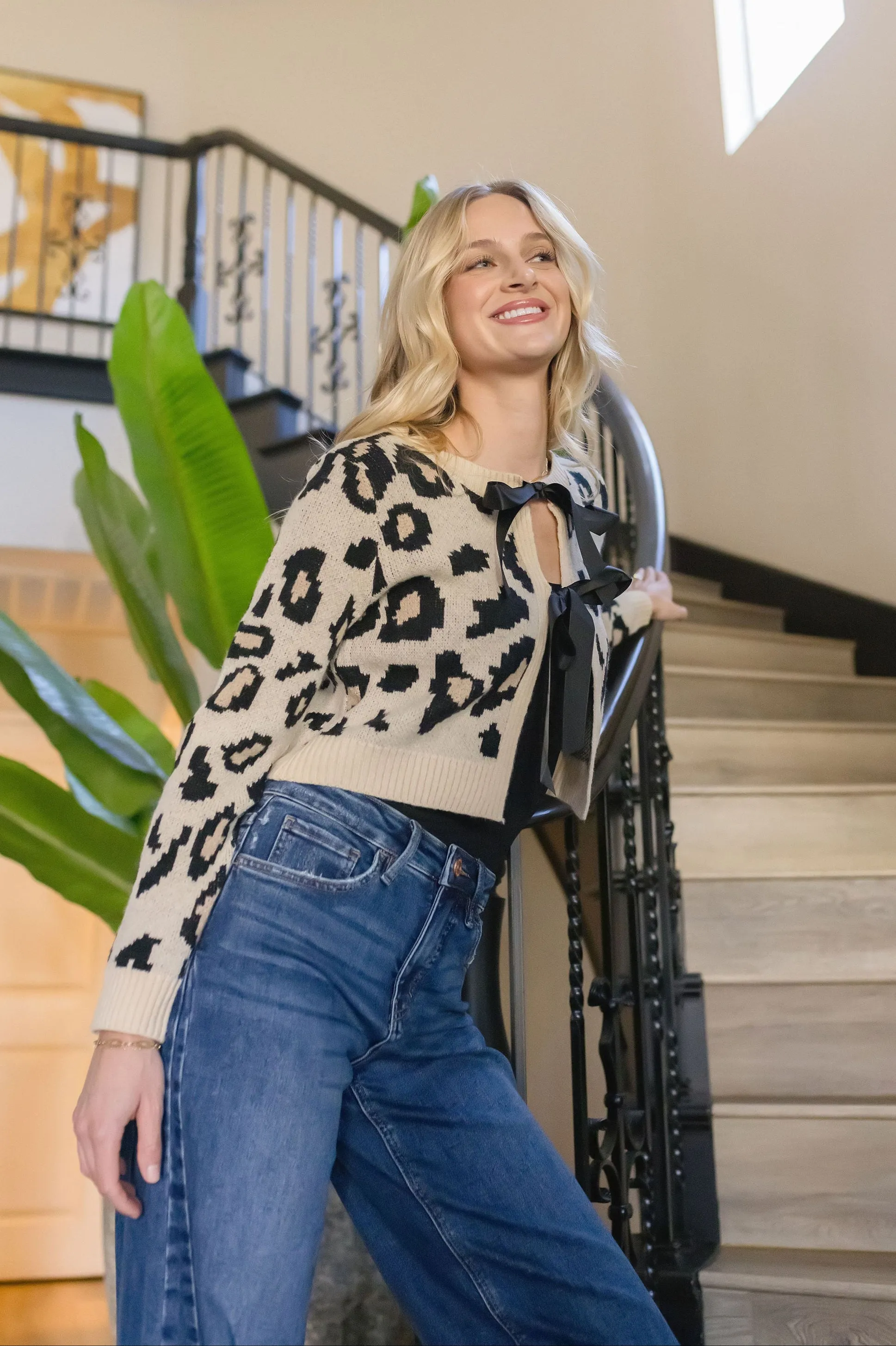 Erin Long Sleeve Bow Tie Leopard Print Cardigan Taupe