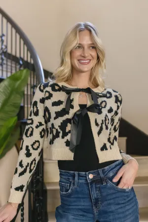 Erin Long Sleeve Bow Tie Leopard Print Cardigan Taupe