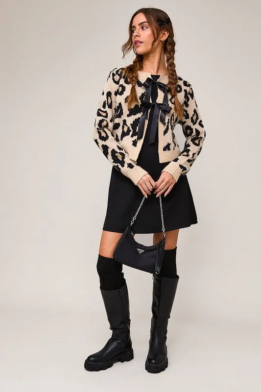 Erin Long Sleeve Bow Tie Leopard Print Cardigan Taupe