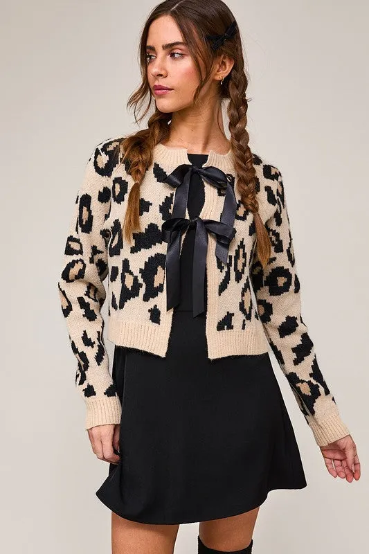 Erin Long Sleeve Bow Tie Leopard Print Cardigan Taupe