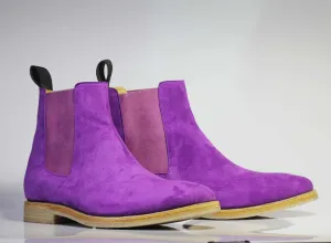 Handmade Men's Purple Ankle High Chelsea Suede Boots, Men Dress Stylish Boots