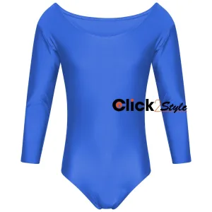 Kids Girls School Uniform Leotard Long Sleeve Sports Gymnastics Ballet Dance -Royal Blue