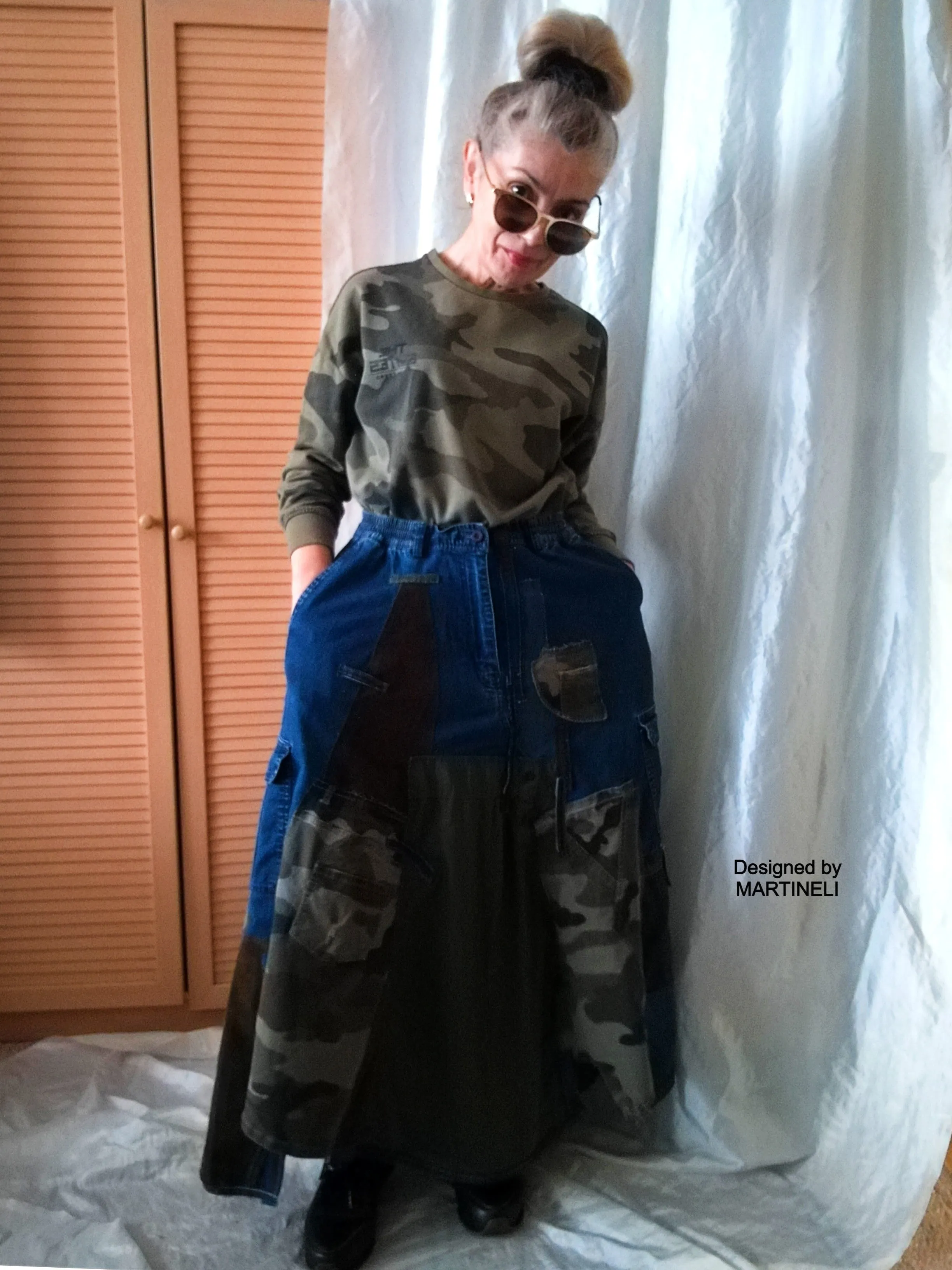 Long Denim Skirt,S/XL Maxi Camouflage Skirt