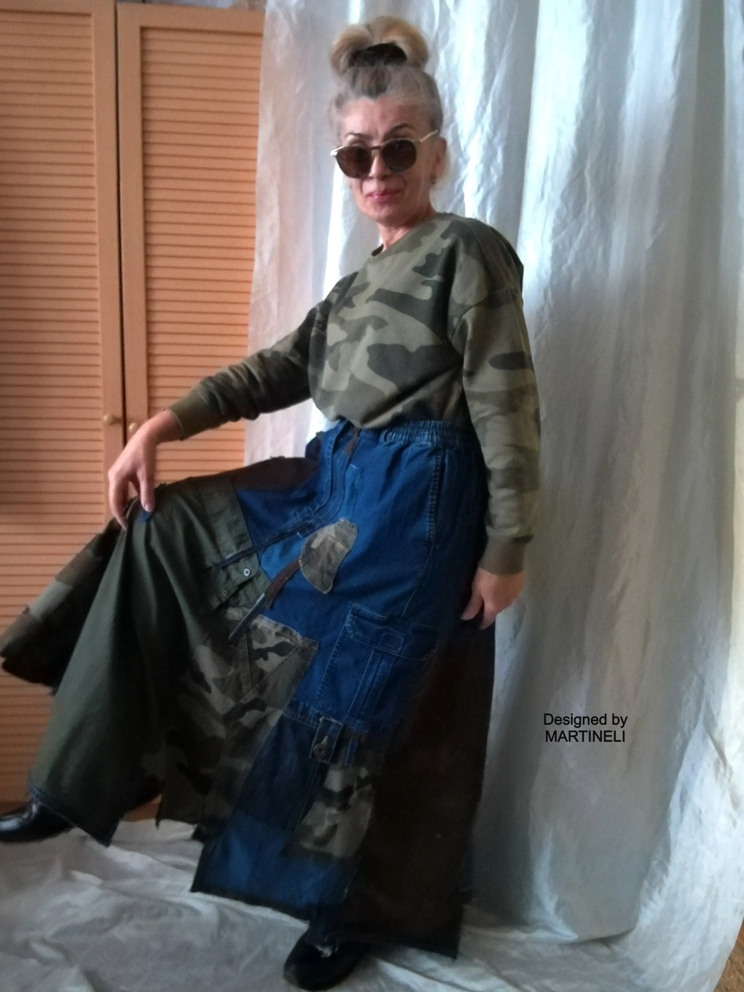 Long Denim Skirt,S/XL Maxi Camouflage Skirt