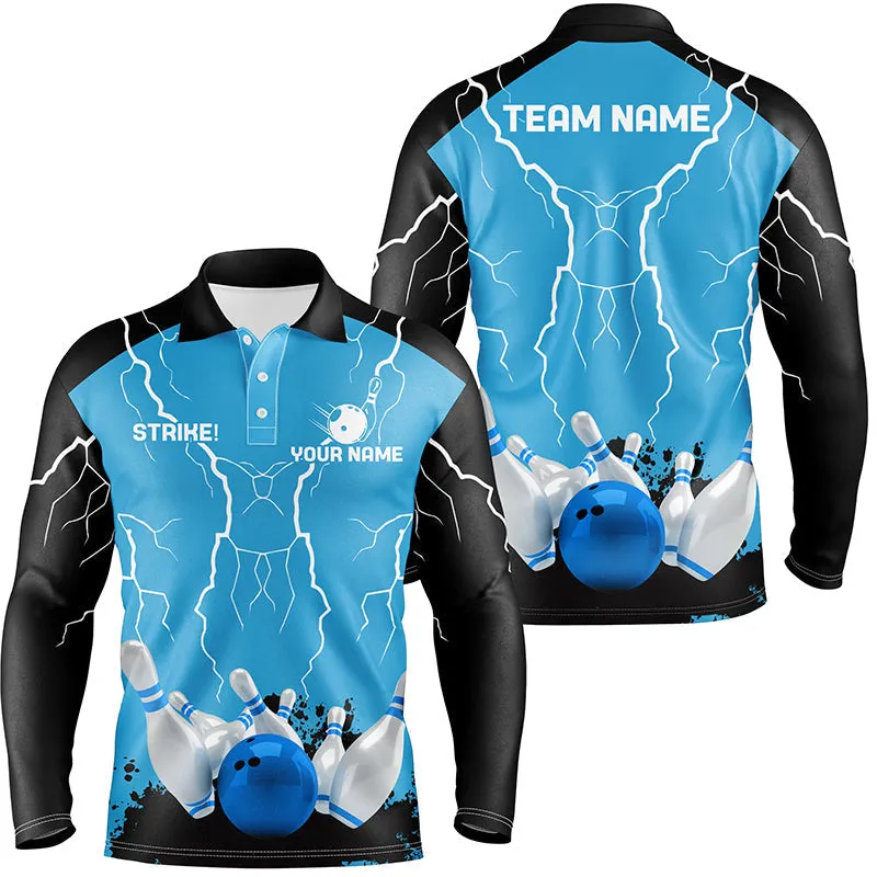 Mens Long Sleeve Polo Bowling Shirt Custom Bowling Strike Multicolor Lightning Storm Thunder Team League Jersey
