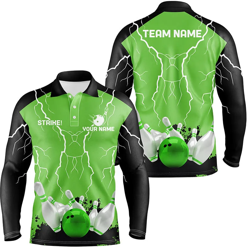 Mens Long Sleeve Polo Bowling Shirt Custom Bowling Strike Multicolor Lightning Storm Thunder Team League Jersey