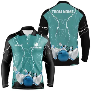 Mens Long Sleeve Polo Bowling Shirt Custom Bowling Strike Multicolor Lightning Storm Thunder Team League Jersey