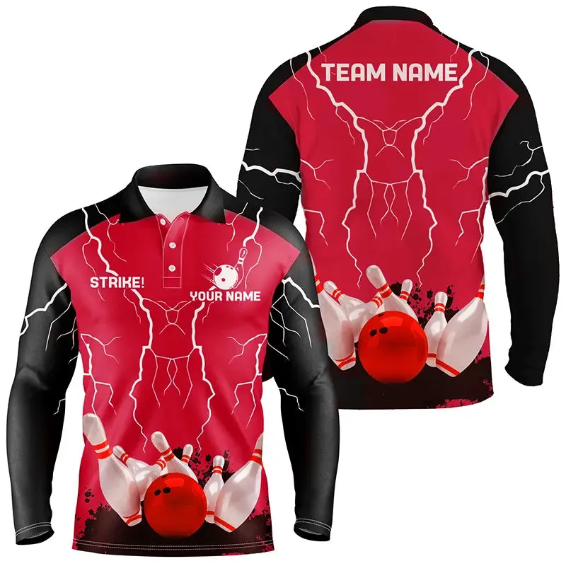 Mens Long Sleeve Polo Bowling Shirt Custom Bowling Strike Multicolor Lightning Storm Thunder Team League Jersey