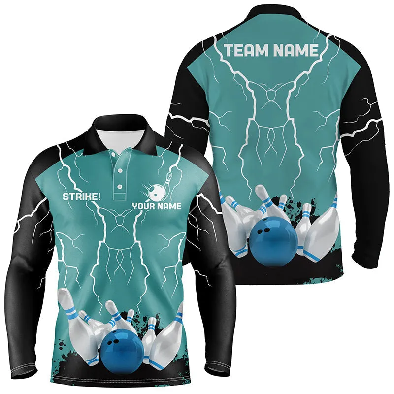 Mens Long Sleeve Polo Bowling Shirt Custom Bowling Strike Multicolor Lightning Storm Thunder Team League Jersey