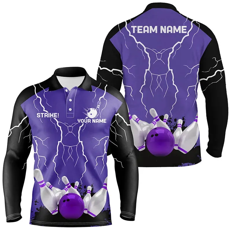 Mens Long Sleeve Polo Bowling Shirt Custom Bowling Strike Multicolor Lightning Storm Thunder Team League Jersey