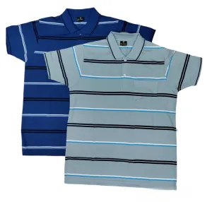 Mens Polo Striped Shirt Pique Short Sleeve Top Summer Casual With Pocket M - XXL