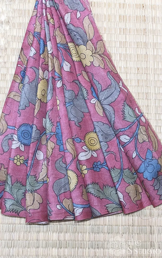 Pink tussar silk  with handpainted pen kalamkari work