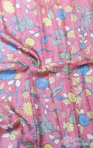 Pink tussar silk  with handpainted pen kalamkari work