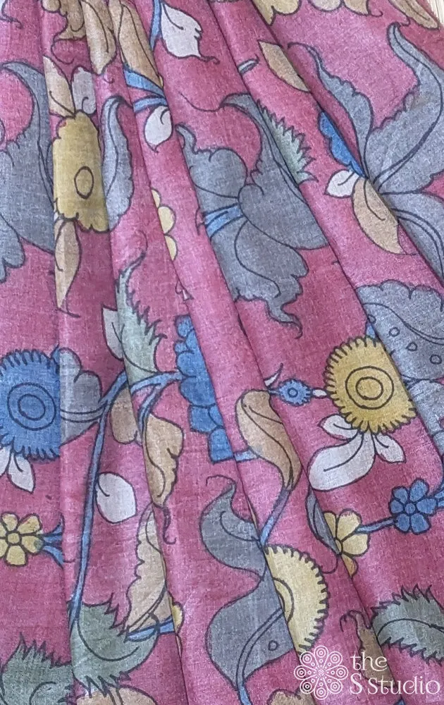 Pink tussar silk  with handpainted pen kalamkari work