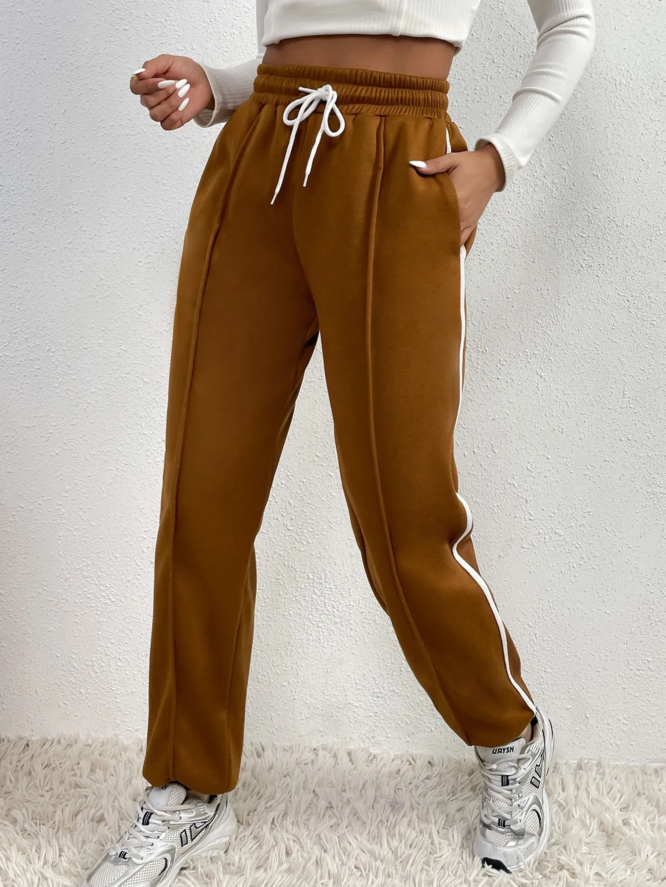 Plain Drawstring High Waist Cropped Women Sweatpants