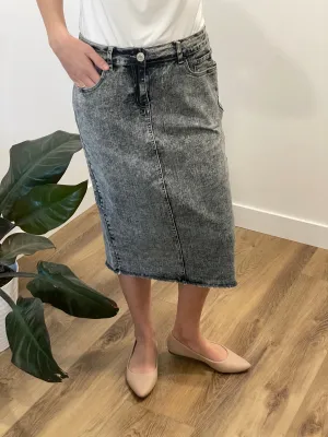 "Julia" in Black Snow Calf Length Denim Skirt