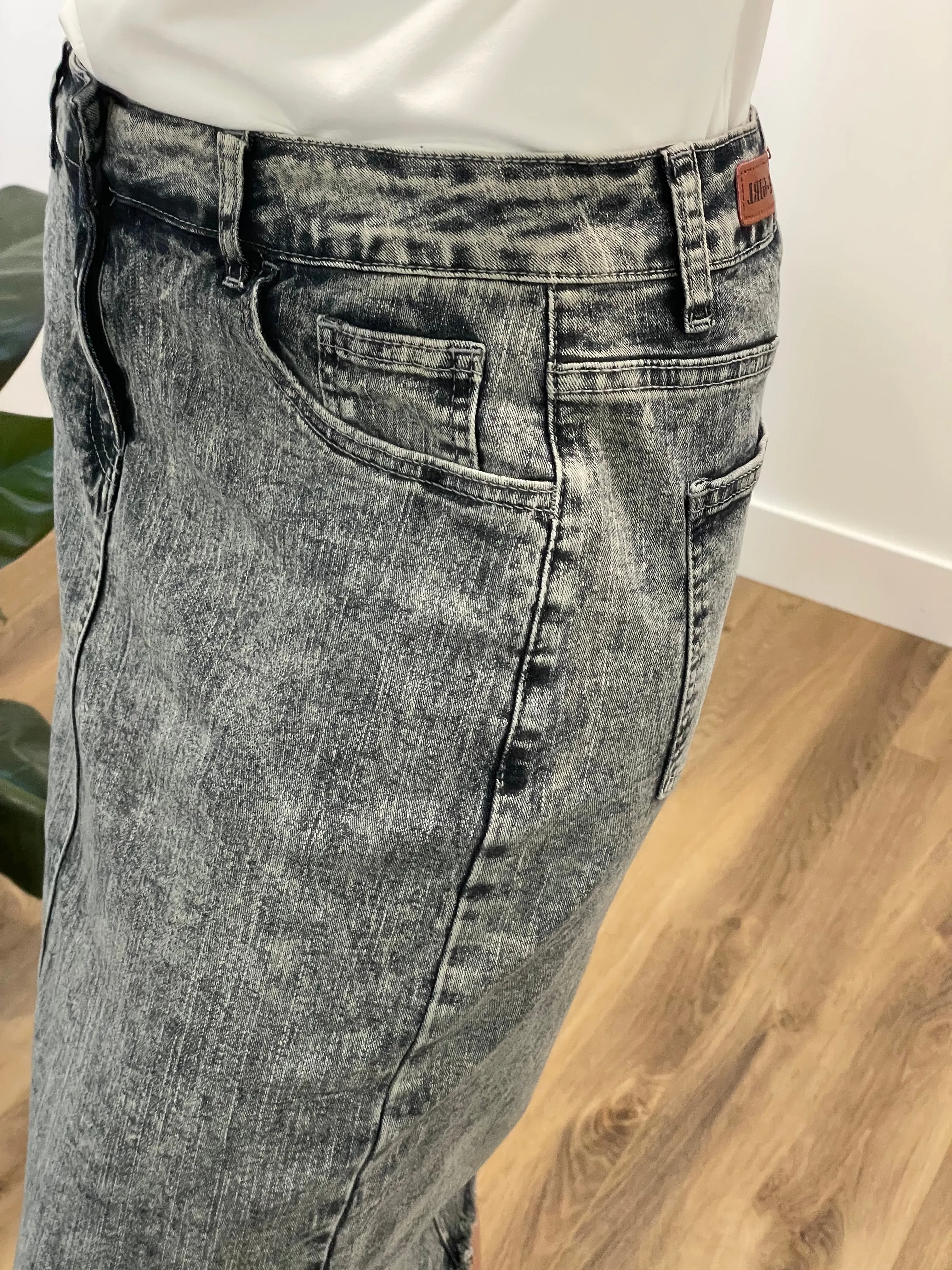 "Julia" in Black Snow Calf Length Denim Skirt
