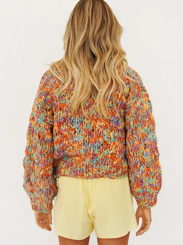 Shanna Stylish Casual Rainbow Knit Lantern Sleeve Knit Cardigan