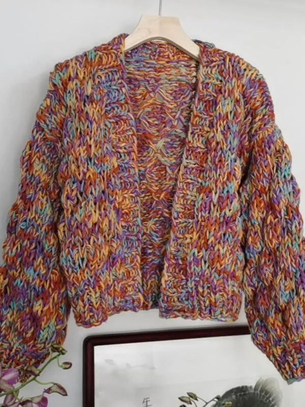 Shanna Stylish Casual Rainbow Knit Lantern Sleeve Knit Cardigan