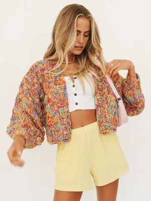 Shanna Stylish Casual Rainbow Knit Lantern Sleeve Knit Cardigan