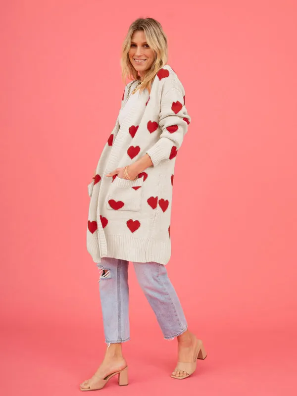Shayla Women's Knitted Love Pocket V-Neck Mid-Length Cardigan