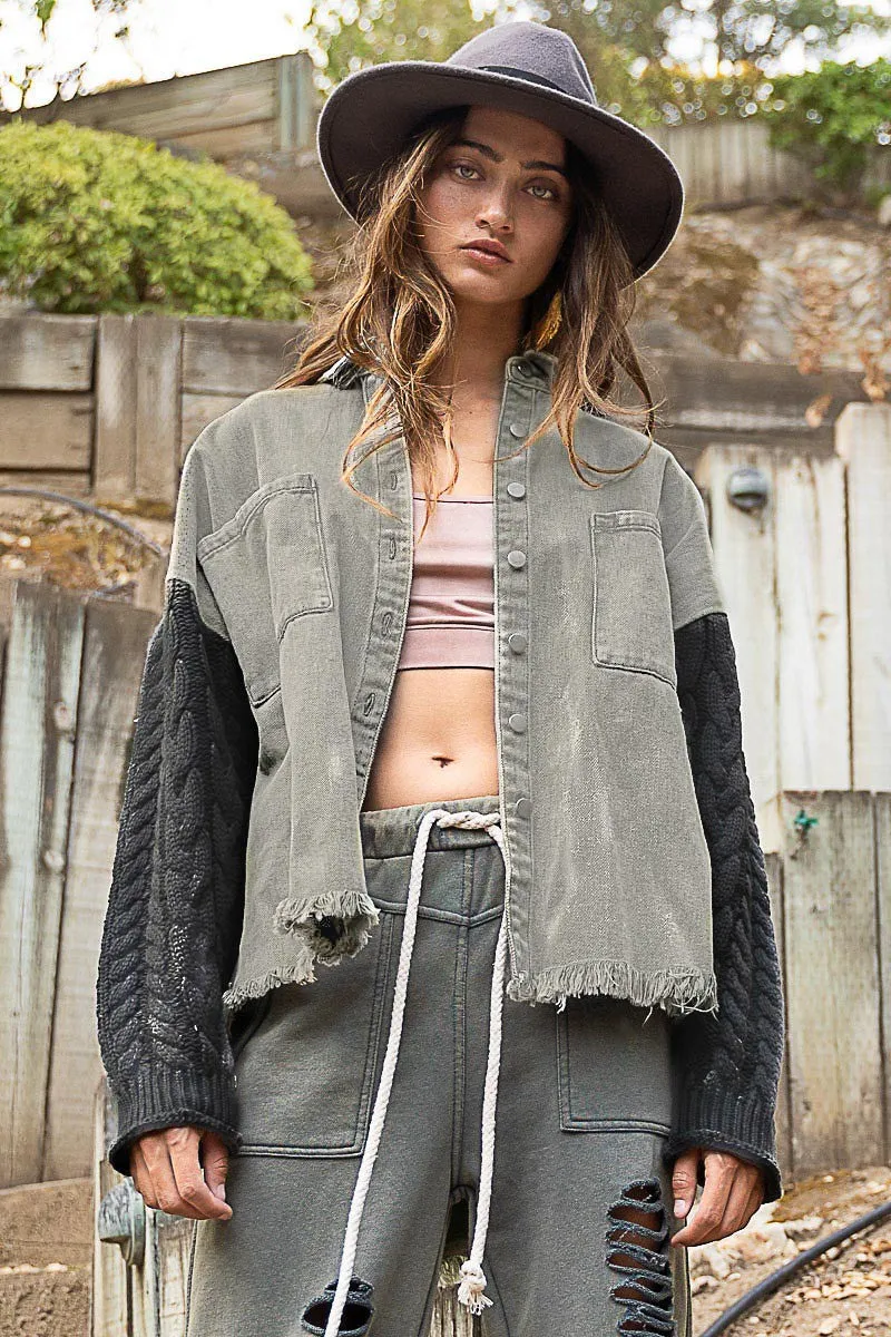 Sidney Mixed Knit Denim Jacket in Olive * on sale